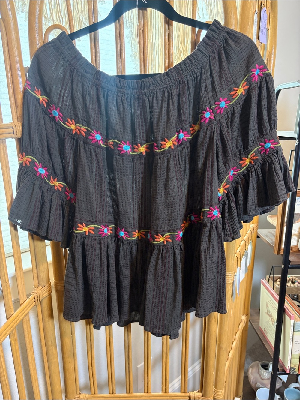 Ivy Jane Boho Brown Tiered top with Colorful Floral Embroidery